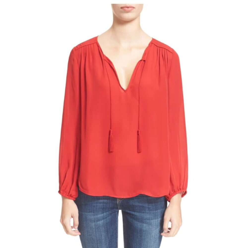 Joie Odelette Red Silk V-Neck Tassel-Tie Blouse M